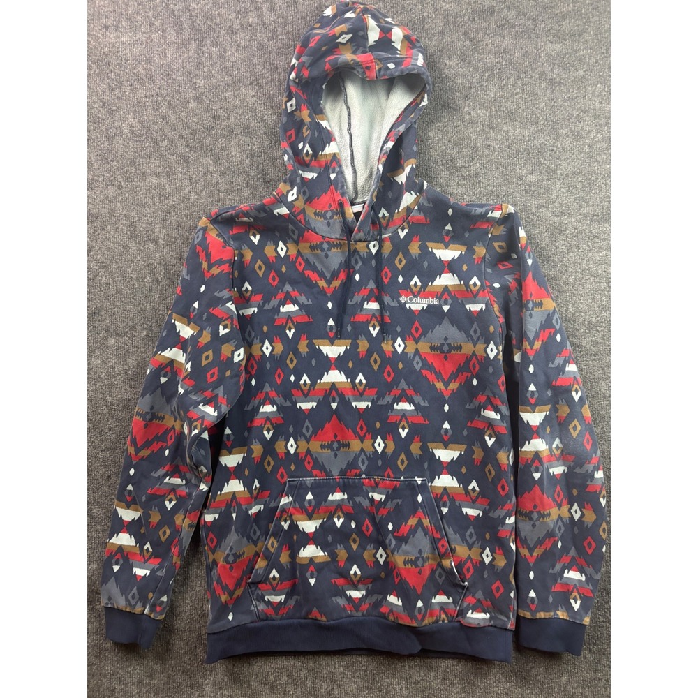 Columbia Hoodie Mens Medium Navy Aztec Southwestern Geometric Fleece Pullover